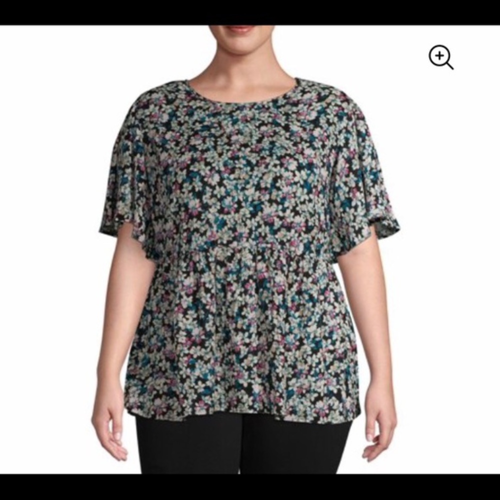 Top Blouse Plus Drop Shoulder Flutter Sleeve black floral print  2X(20w-22w)